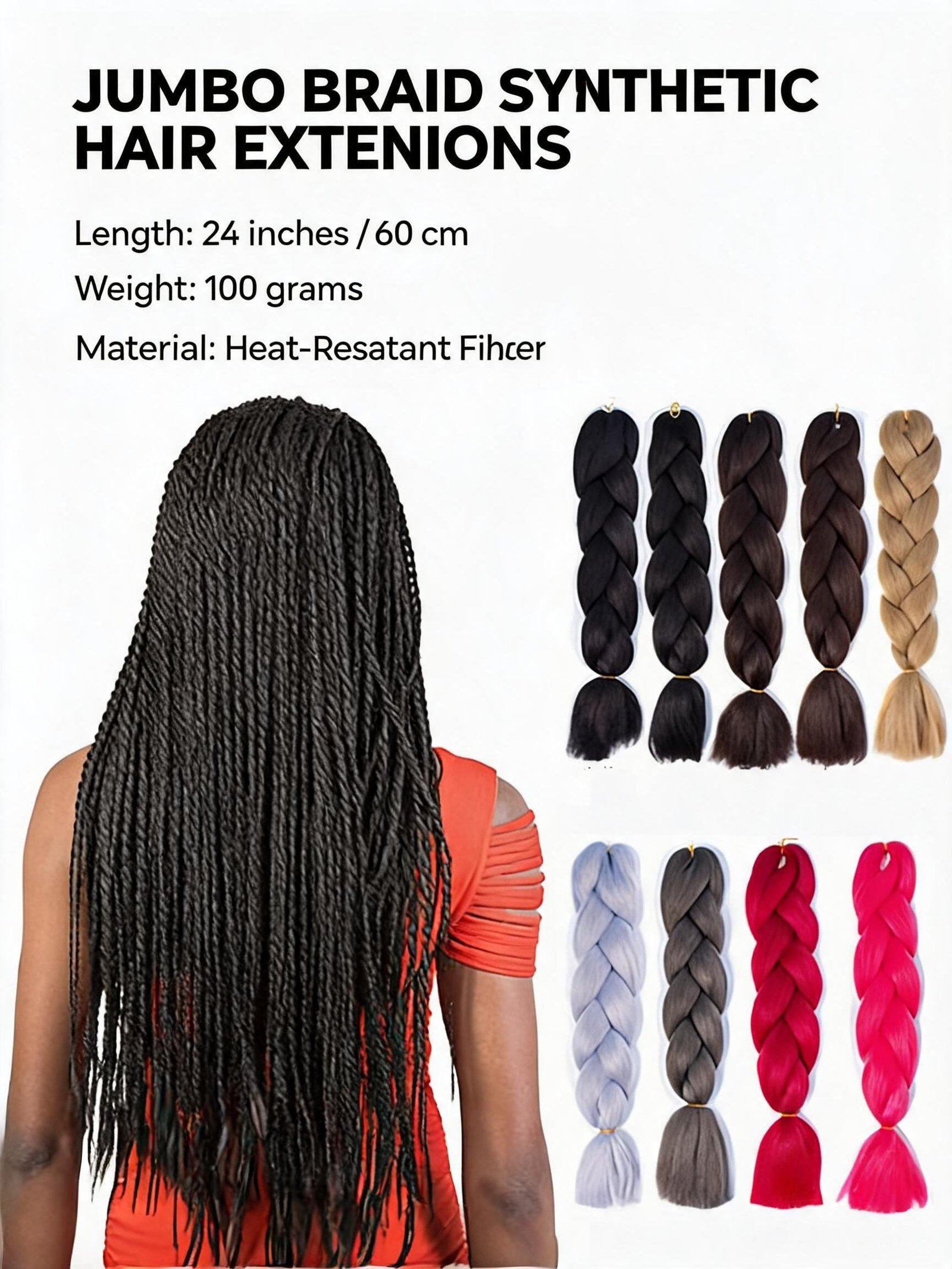 Jumbo Braid Synthetic Hair Extensions | High Temp Fiber African Dreadlock Crochet Braids, Multiple Solid Colors