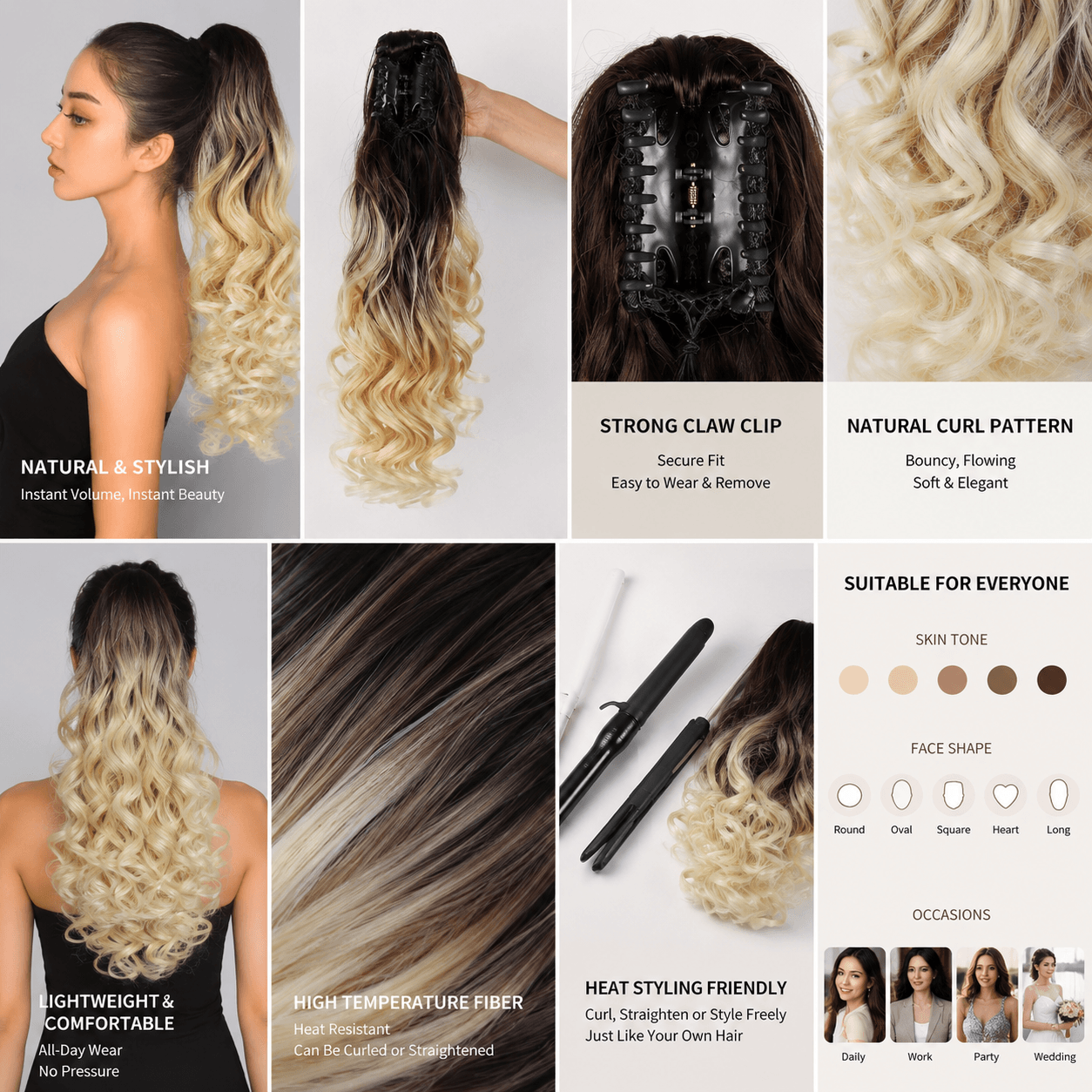 20 Inch Ombre Wavy Ponytail Hair Extension for Women – Heat Resistant Synthetic Hair, Big Wave Curly Clip-In, Dye & Style Friendly